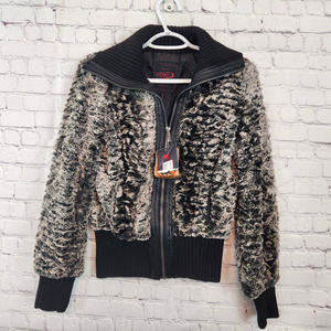 NWT YOKI Women's Vegan Fur Knit Bomber Jacket Faux Leather Trim Small